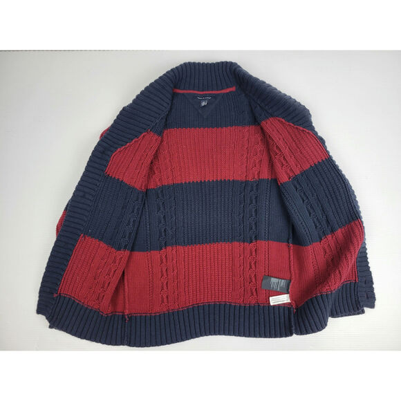 Vintage Hilfiger Mens Medium Rugby Striped Grandpa Chunky Cable Knit Cardigan - Picture 5 of 11